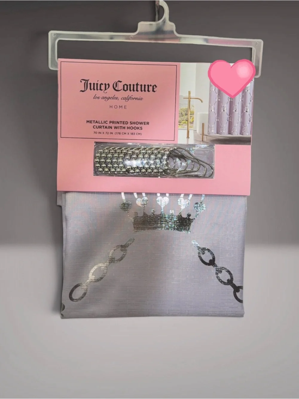 Juicy Couture Silver Metallic Printed Shower Curtain with Crown Motif